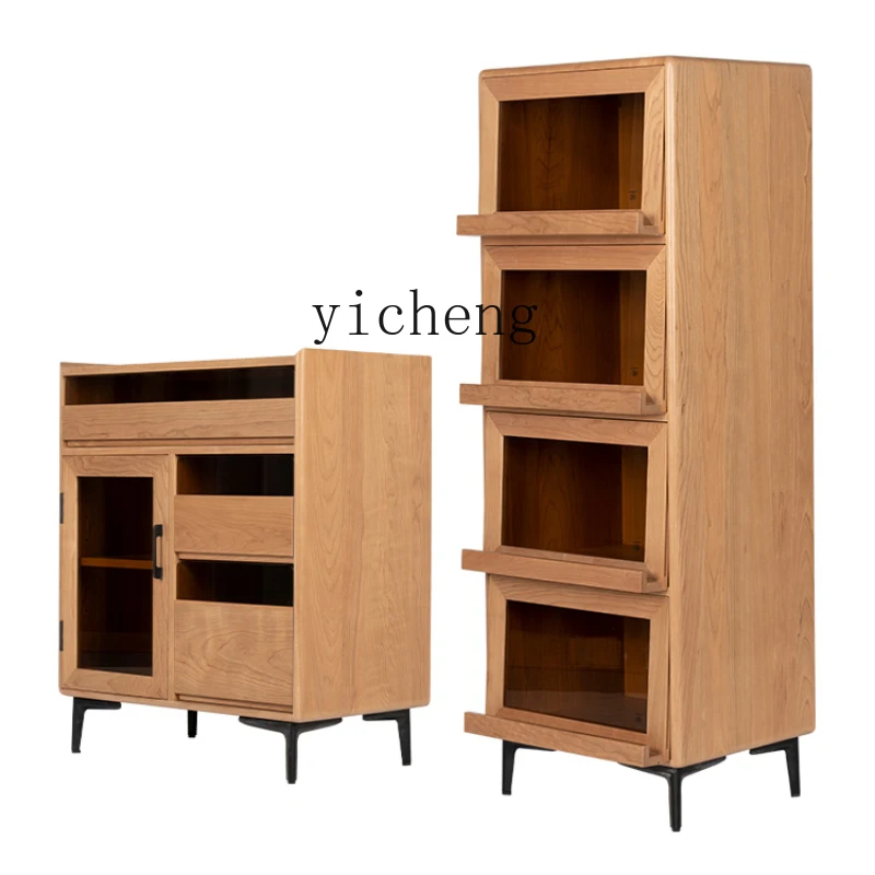 ZC Solid Wood Sideboard Living Room Cabinet Wall Integrated Small Apartment Side Cabinet Cherrywood Tea Cabinet