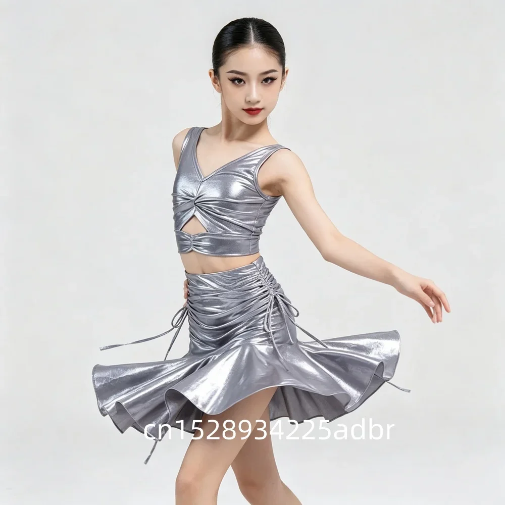 Girl Latin Dance Dress Set for Performance Children New Latin Show Silver Stage Clothes Cha Cha Rumba Dance Practice DanceWear