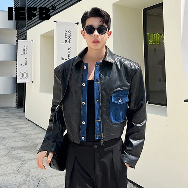 Niche design denim patchwork PU leather jacket men's casual personality streetwear 2023 new style  chaquetas cuero para hombre