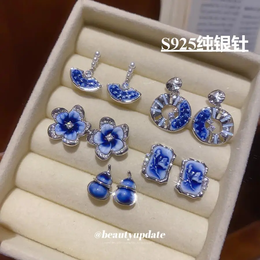 Oriental Vintage Blue Enamel Stud Earrings Set Flower Fan Gourd Shape Dainty Dangle Ear Drops Asian Style Jewelry For Women