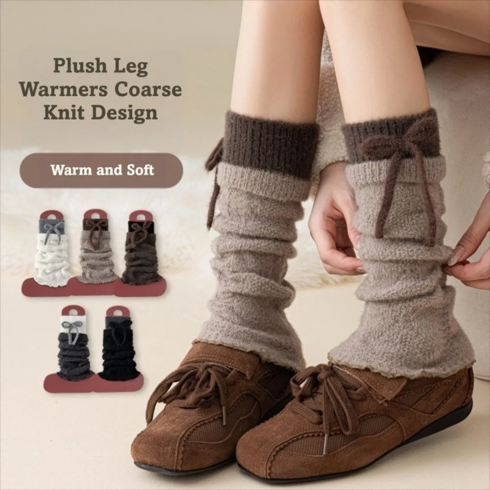

1Pair Japanese Style Leg Warmers Bow Design Keep Warm Long Socks Thick Rolled Edge Knitted Foot Cover Autumn Winter for Women