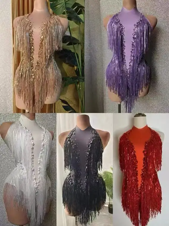 섹시한 나이트클럽 바 여성용 진주 반짝이 태슬 하이 엘라스틱 바디수트 가수 댄스팀 무대 의상 파티 프로모션 생일 의류