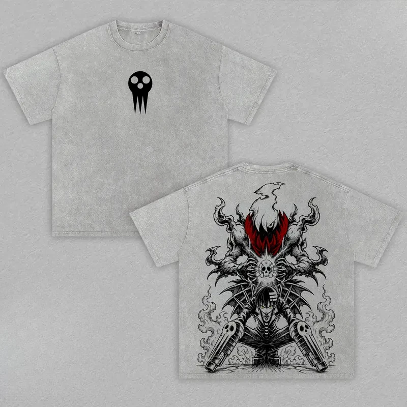 Death The Kid Print T-shirt Soul Eater Anime Clothing Men Short Sleeve Cotton Tshirts Washed Tee Harajuku Male Oversized T Shirt