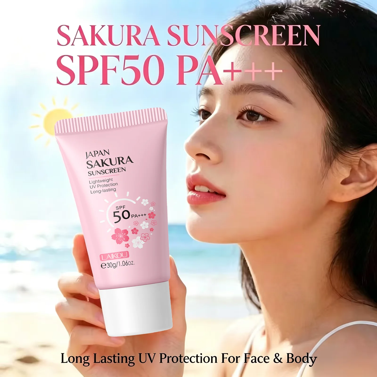 LAIKOU Japan Sakura Sunscreen Cream SPF50+ PA+++ UV Protection Waterproof Refreshing Moisturizing Concealer For Face Body 30g