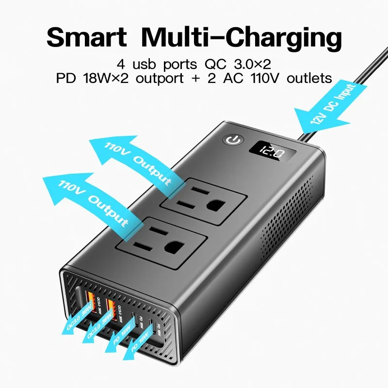200W Portable Car Inverter Socket Adapter Fast Charger Cigarette Lighter Plug with 2 Sockets and 4 USB Ports for Outdoor Camping