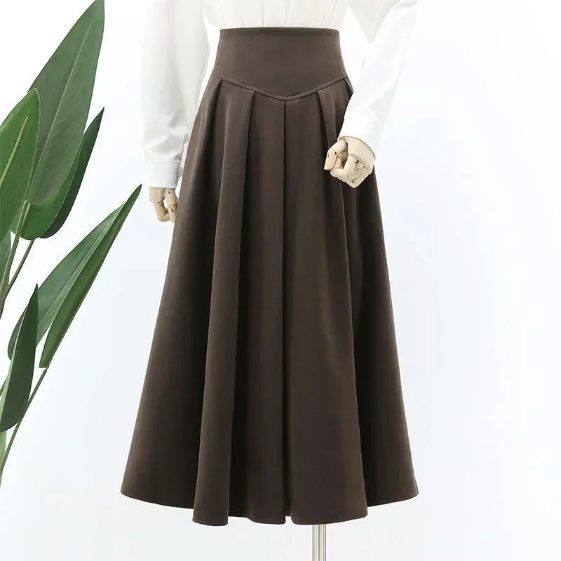 

Autumn Solid Color Woole Warm Long Skirts for Women Vintage Zipper High Waist Pleated A-line Skirt Casual Elegant Skirts P608