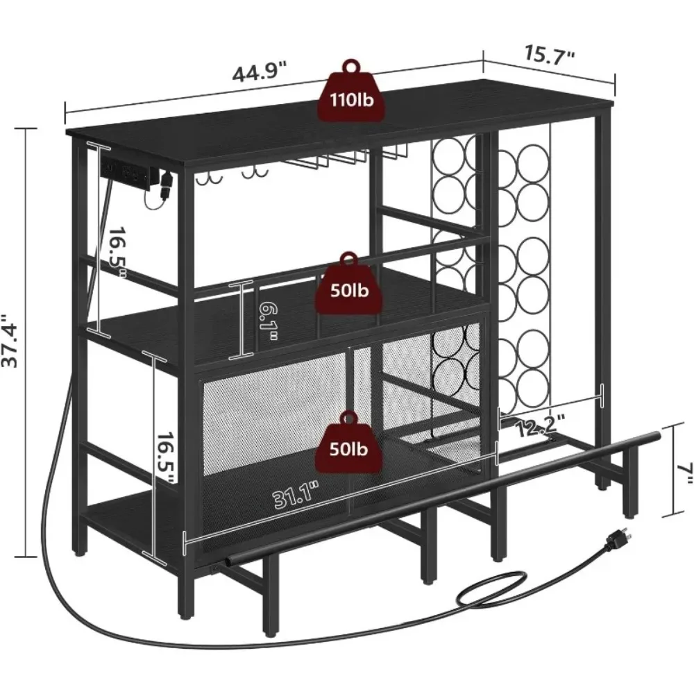 Home Bar Unit, 44.9" L Bar Table with Power Outlet, Mini Bar with Wine Rack and LED Lights