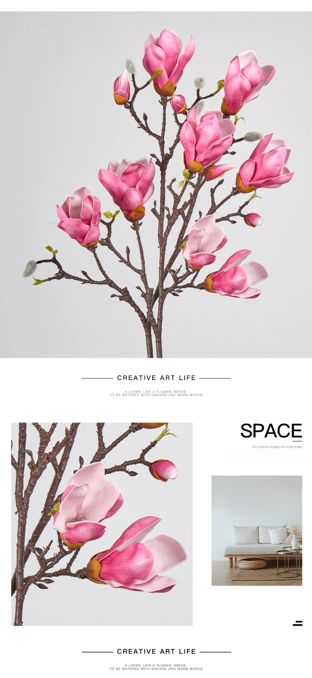 2 Stück Künstliche Blumen PU-Magnolienknospen Hochzeitsdekoration Rosa Kunstblumen Simulation 6-Köpfiger Magnolienzweig Hallendekoration – Detail 6