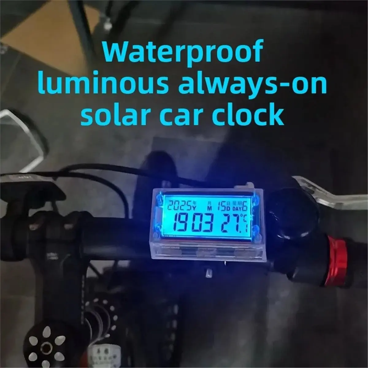 giftnew Motorcycle Ebike Solar Power Clock with Date Week Temperature LCD Backlit Display Waterproof Thermometer with Stand A