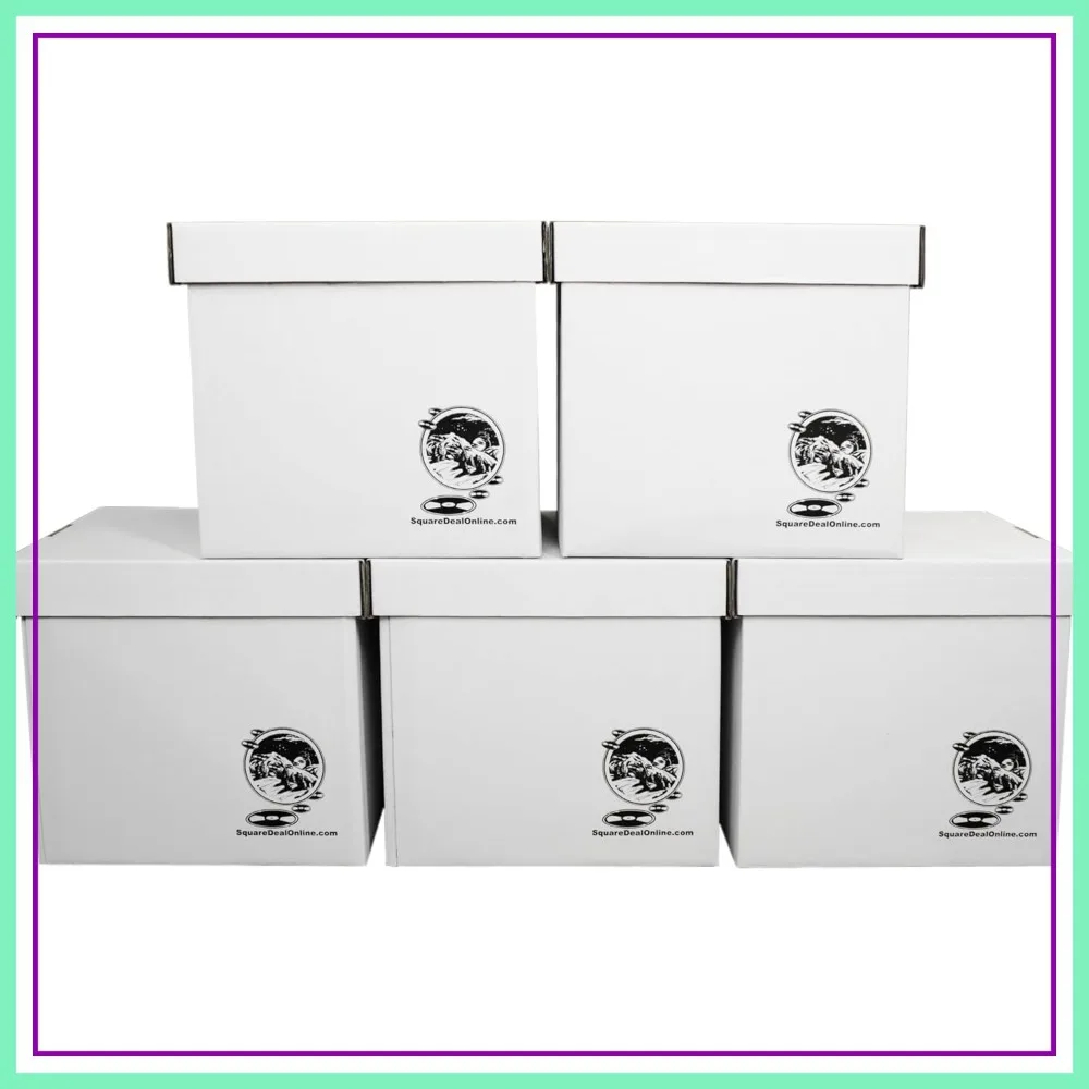 

5-Pack 12-Inch Vinyl Record Storage Boxes, Heavy-Duty Cardboard, Removable Lid, Holds 90 Records Each, Archival Quality