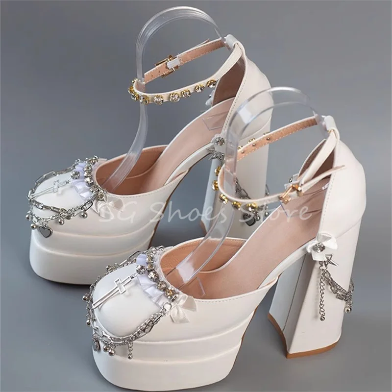 Women Rhinestones Chain Decor Pumps Lolita Girl Mary Janes Shoes Gothic Style Chunky Platform 15Cm Hight Heel Ladies Sandals