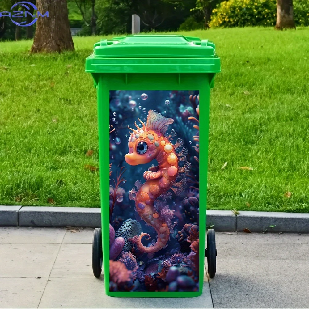 1pc, Seahorse Theme Trash Can Sticker, Decorative Self-Adhesive PVC Decal, Outdoor Waterproof, Suitable for Garbage Bins, Wall