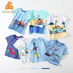 T-shirt imprimé dinosaure et voiture à rayures pour enfants, manches courtes, coton, basique, dessin animé, enfants, garçon, été, 2024, 2, 3, 4, 5, 6, 8, 10