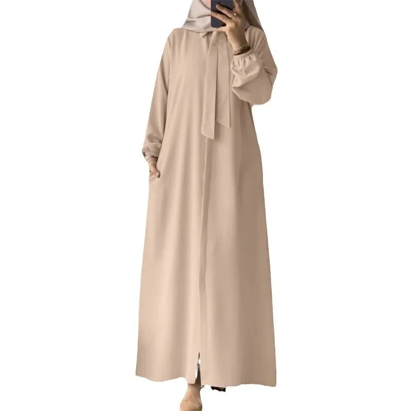 Cravate à la mode pour femmes musulmanes, revers, chemise à manches de couleur unie, jupe de soleil, poche, Cardigan ample, jupe longue