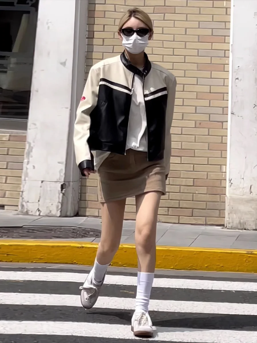 ort American Motorcycle Sle Leather Jaet Damen Frühling Herbst High Street Color Colion Sexy Girl Pilot Jaet Top