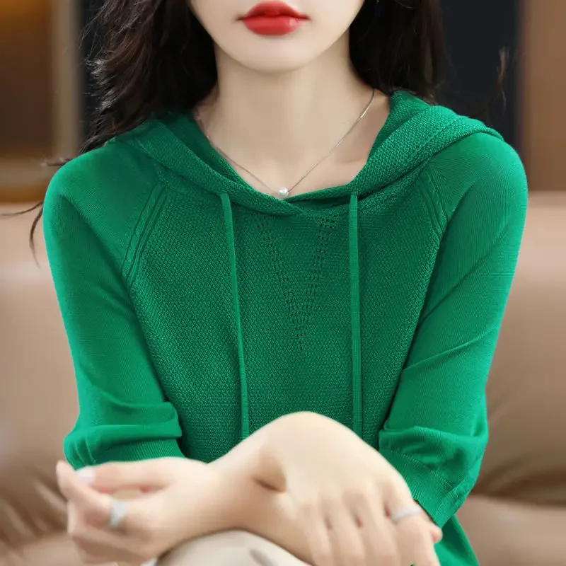 Spring Summer Women Solid Short Sleeve Knit Hoodies Versatile Loose Fashion Sweatshirts Korean Vintage Pullover Casual T-shirt
