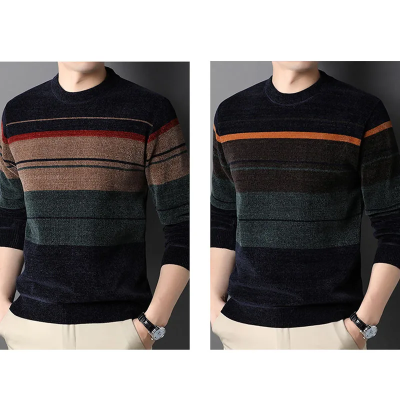 Fashion Casual Thickening Round Neck Striped Men\'s Sweaters Autumn Winter Classic Long Sleeve Warm Knit Pullovers Male Clothes