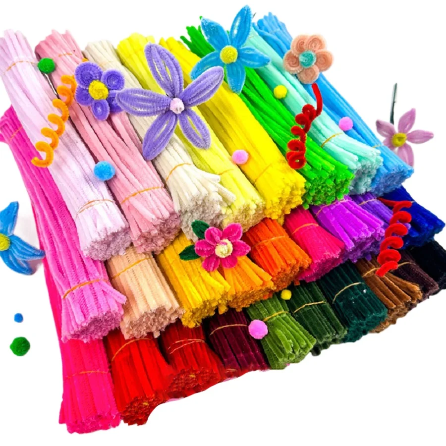 100pcs Colorful Chenille Stems Pipe Cleaners Plush Tinsel Stem Wired Twist Sticks Hair Strip DIY Craft Educational Toys Handmade