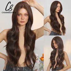 CharmSource 13*6 Lace Wigs Brown Ombre Synthetic Long Wavy Wigs for Women Daily Cosplay High Density Hair