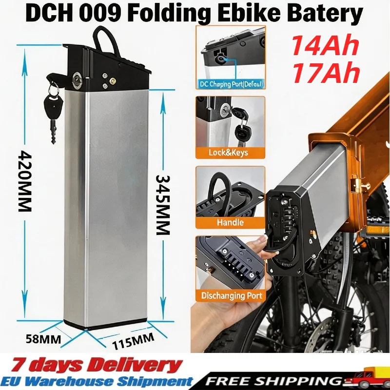48V 14Ah 17Ah DCH-009 E-Bike Lithium-Ersatzakku, eingebautes mehrschichtiges BMS mit Schutz vor Überhitzung, Überladung und Kurzschluss, Langstrecken-Ersatzakku geeignet für Engwe EP-2 Pro Engine Pro