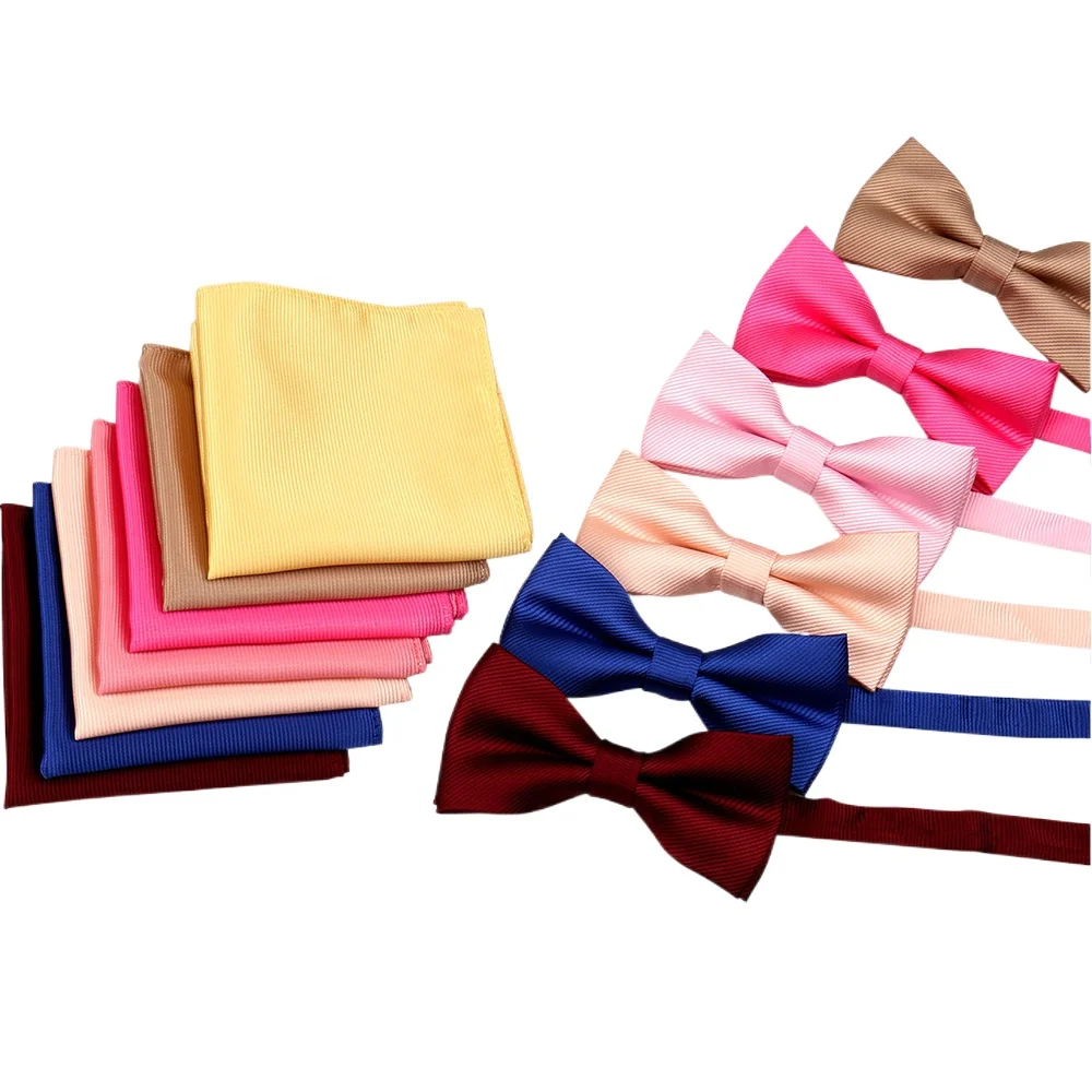 pure colour Men's high-end business solid color striped  square scarf set Satin dinner wedding suit accessories  bow tie