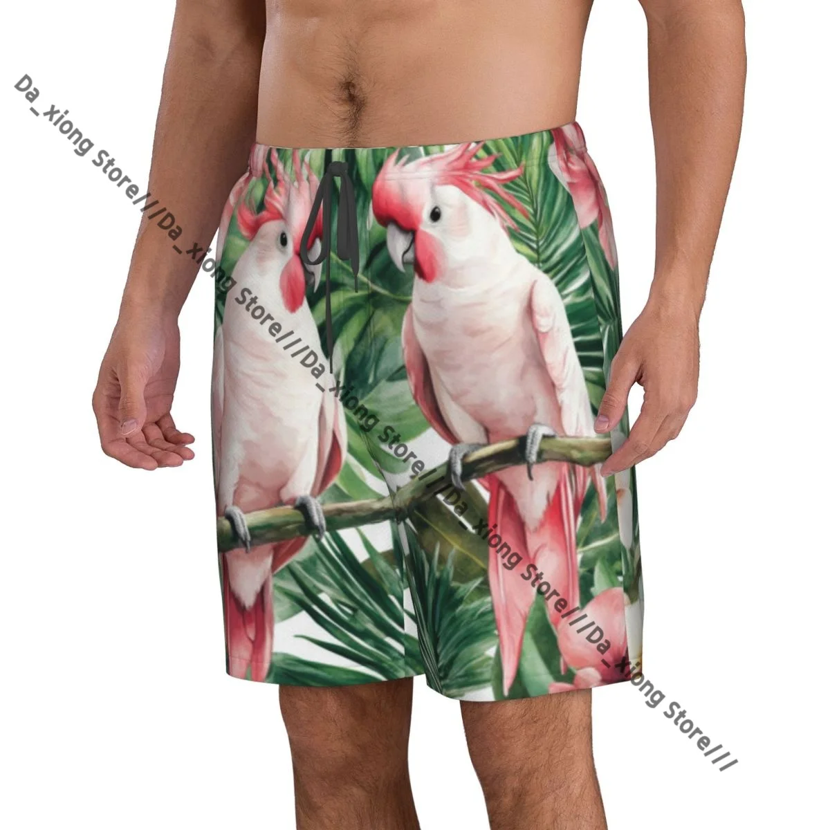 Men Beach Short Quick-drying Swimming Trunk Pink Cockatoos Tropical Palm Leaves Swimwear Swimsuit Bathing Shorts