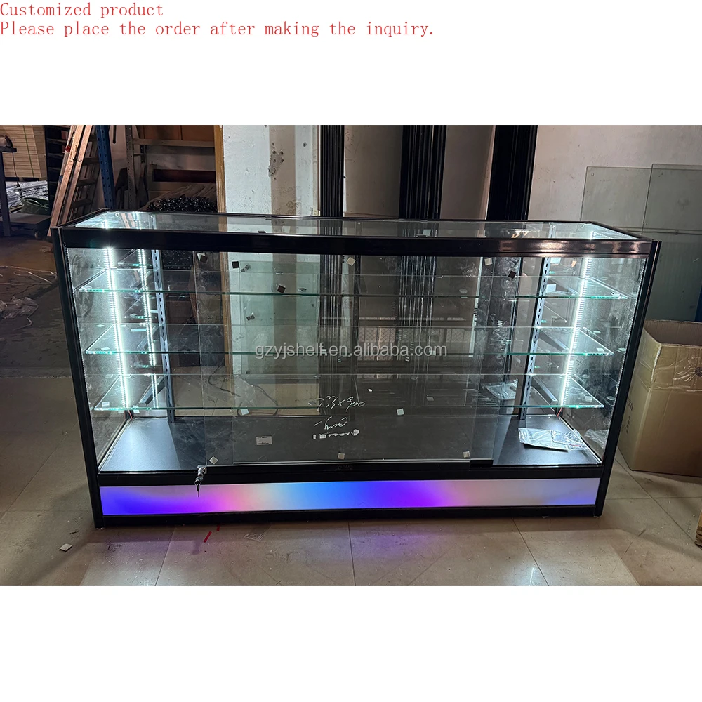 

Custom.6ft Wide RGB Rainbow Flashing Lighting Boutique Shop Store Full Vision Lockable Glass Counter Display Shelf Adjustable