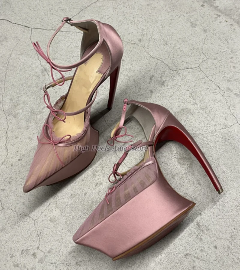 

Women's sexy runway satin bow ankle strap sandals pink/white/black quality platform super high heels luxury designer shoes