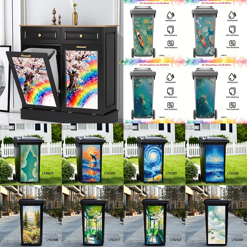 Rainbow Cherry Blossom Trash Can Sticker, Watercolor Floral Design Waterproof Removable Outdoor Garbage Bin Decor
