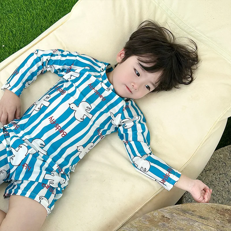

2026 New Summer Children's Split Long Sleeve Swimsuit Sunscreen Quick Drying Cartoon Pigeon Set