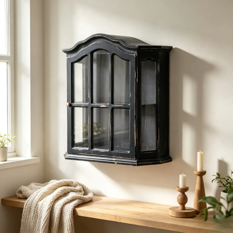 French Country Vintage Painted Solid Wood Display Cabinet, Wall Mounted Floor Storage Showcase Organizer for Curio Collection.