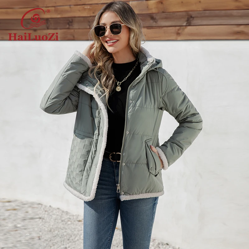 HaiLuoZi 2023 New Design Spring Women Jacket With Fur High-quality Short Female Outwear Hooded Zipper Stylish Women\'s Coat 3320