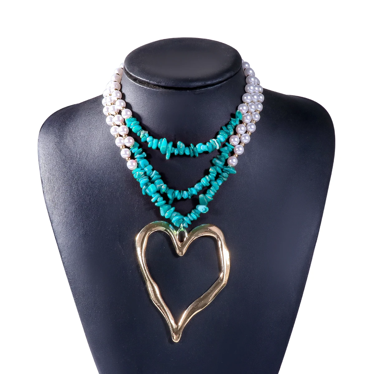 

Vintage Indian Imitation Pearl Turquoise Stone Chains Necklaces Hollow-out Heart Pendant Necklace for Women 2024 Trend Jewelry