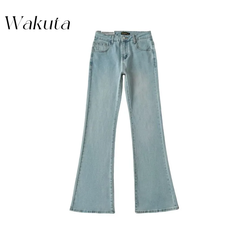 

WAKUTA Vintage Low-waisted Old Micro Flare Pants Jeans American Classic Elastic Slim Package Hip Dragging Blue Jeans for Women