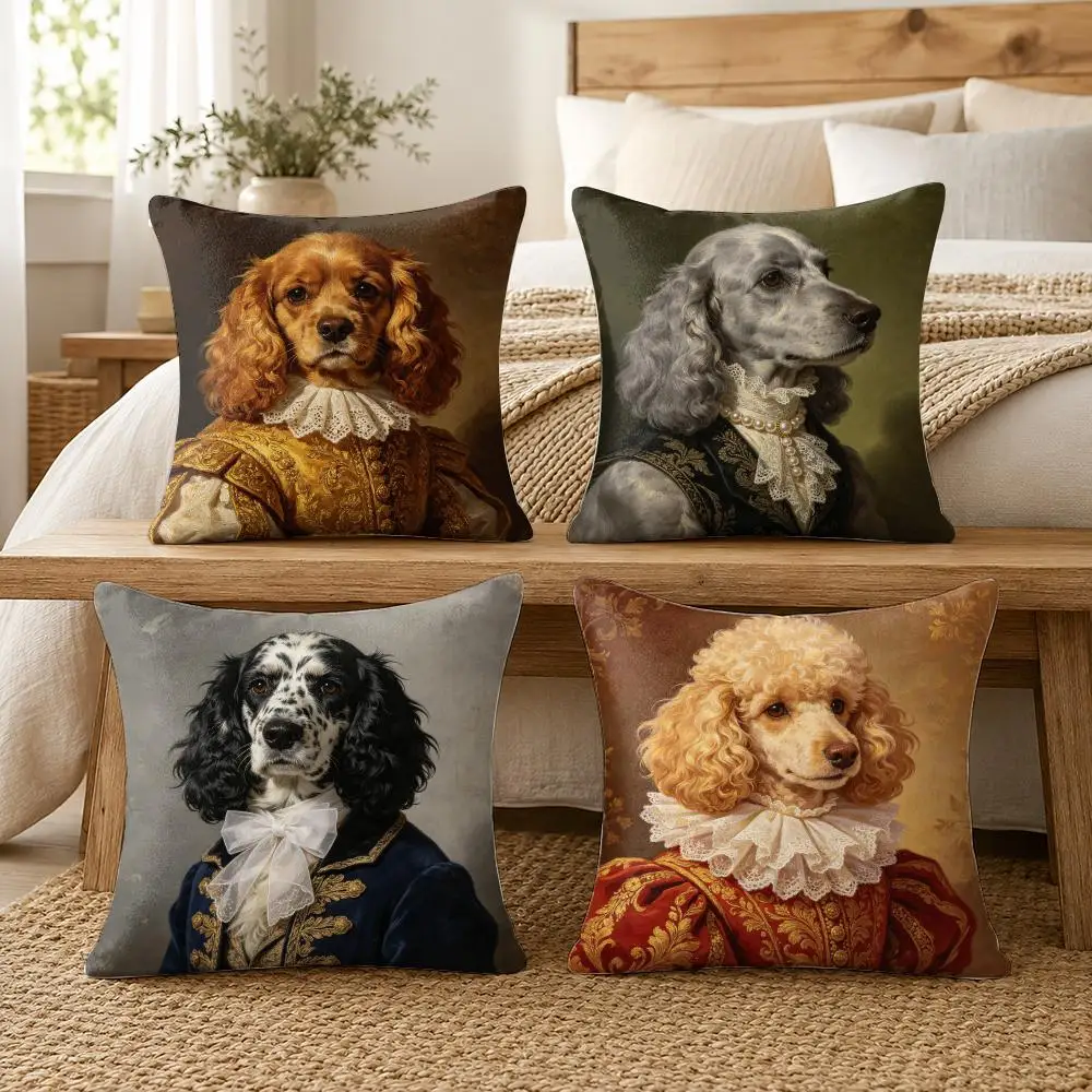 Renaissance Royal Noble Dogs Cushion Cover Soft Short Plush Pillow Cases Hidden Zipper Cutecore Sofa Bedroom Home Decor Gift