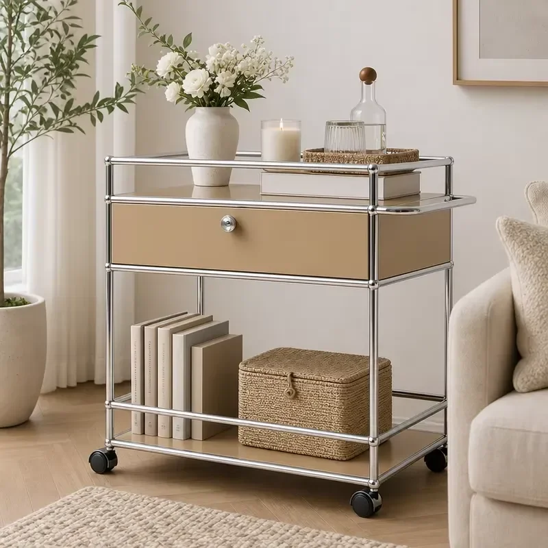 Modular Roller Cart Purple Metal Bar Cart with Chrome Frame Drawer Living Room Bedroom Service Side Table Steel Custom Size