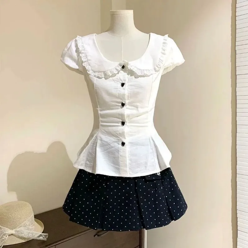 

Women's Lace Trim Blouse Polka Dot Pleated Skirt Summer Outfit