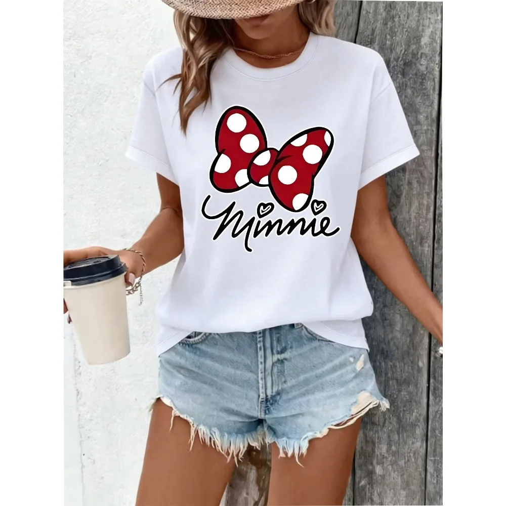 Minnie style Red Polka Dot Bow and Handwritten Minnie Pattern Summer New Women T-shirt Short Sleeve Top Casual Fashion Printed