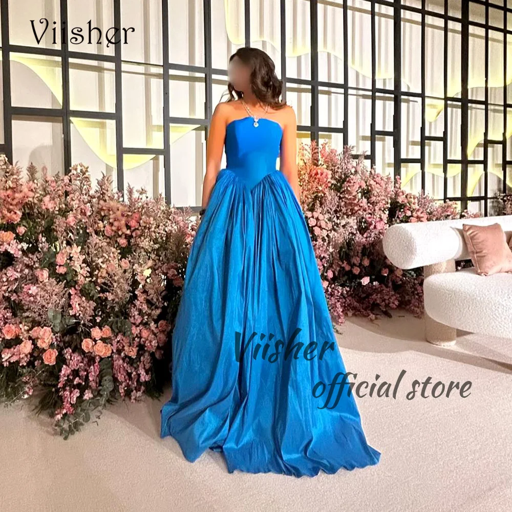 

Viisher Blue A Line Evening Dresses Draped Satin Strapless Arabic Dubai Prom Party Dress with Train Women Celebrate Event Gowns