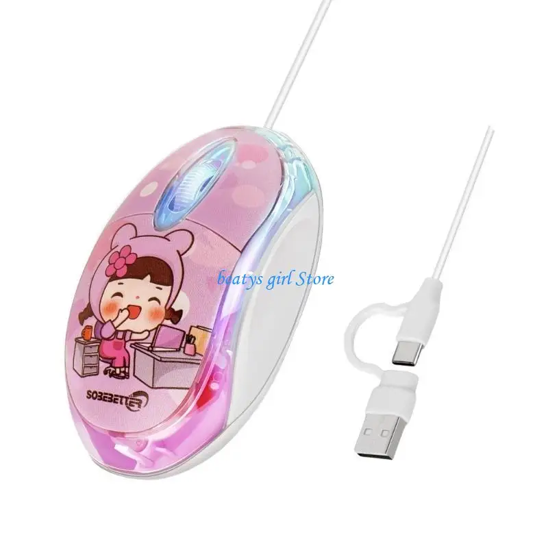 C7AB 2 في 1 USB C الماوس الماوس طباعة ماوس للهاتف المحمول Windows7 7 LED الإضاءة الخلفية 3 الأزرار الماوس