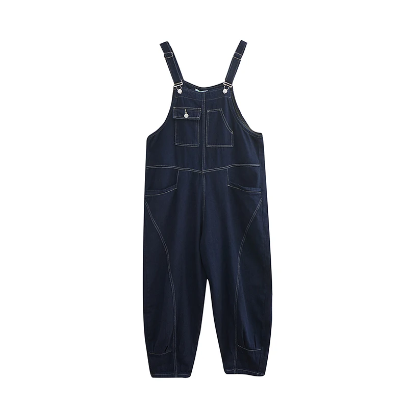 Loose Oversized Jeans Jumpsuit Women Casual Streetwear Wide Leg Denim Overalls Vintage Dark Blue Dungarees Straps Baggy Pants