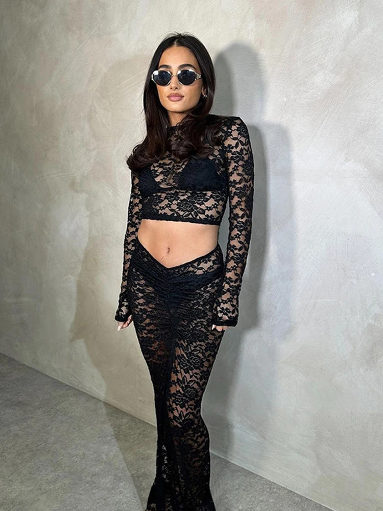 Sibybo Sexy See Through Lace Navel Exposed Long Dress Set Basic Solid Color Long Sleeve Skinny Dress Sets Fashion Women Clothes