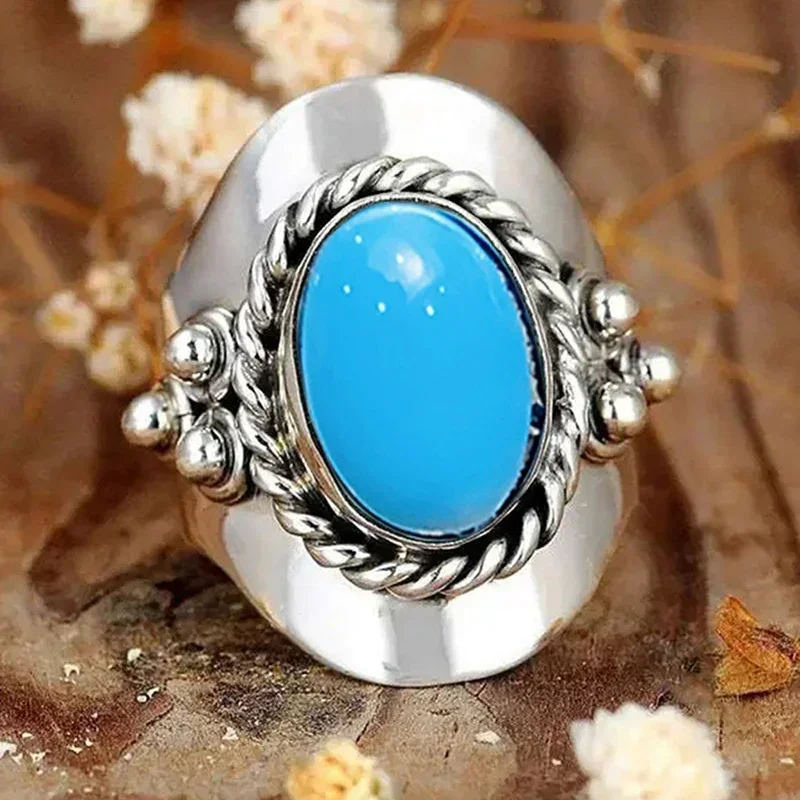Bright Oval Sky Blue Acrylic Stone Rings for Women Vintage Female Finger Accessories Party Hip Hop Style  Jewelry