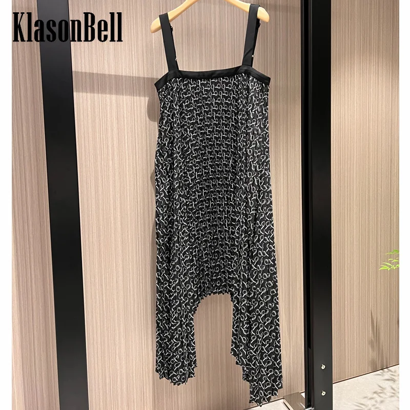 

7.22 KlasonBell Runway Fashion Print Irregular Suspender Dress Women Strap Adjustable Holiday Casual Pleated Maxi Dress