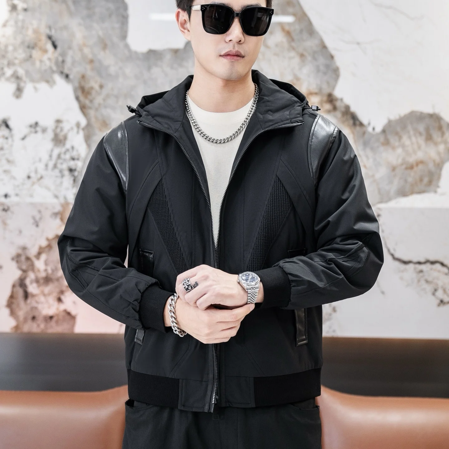 

Men's Faion Hooded Jaet Cotton Splice Genuine Leather Autumn Winter New Sle Youth Long Sve Polyester Fiber Coat