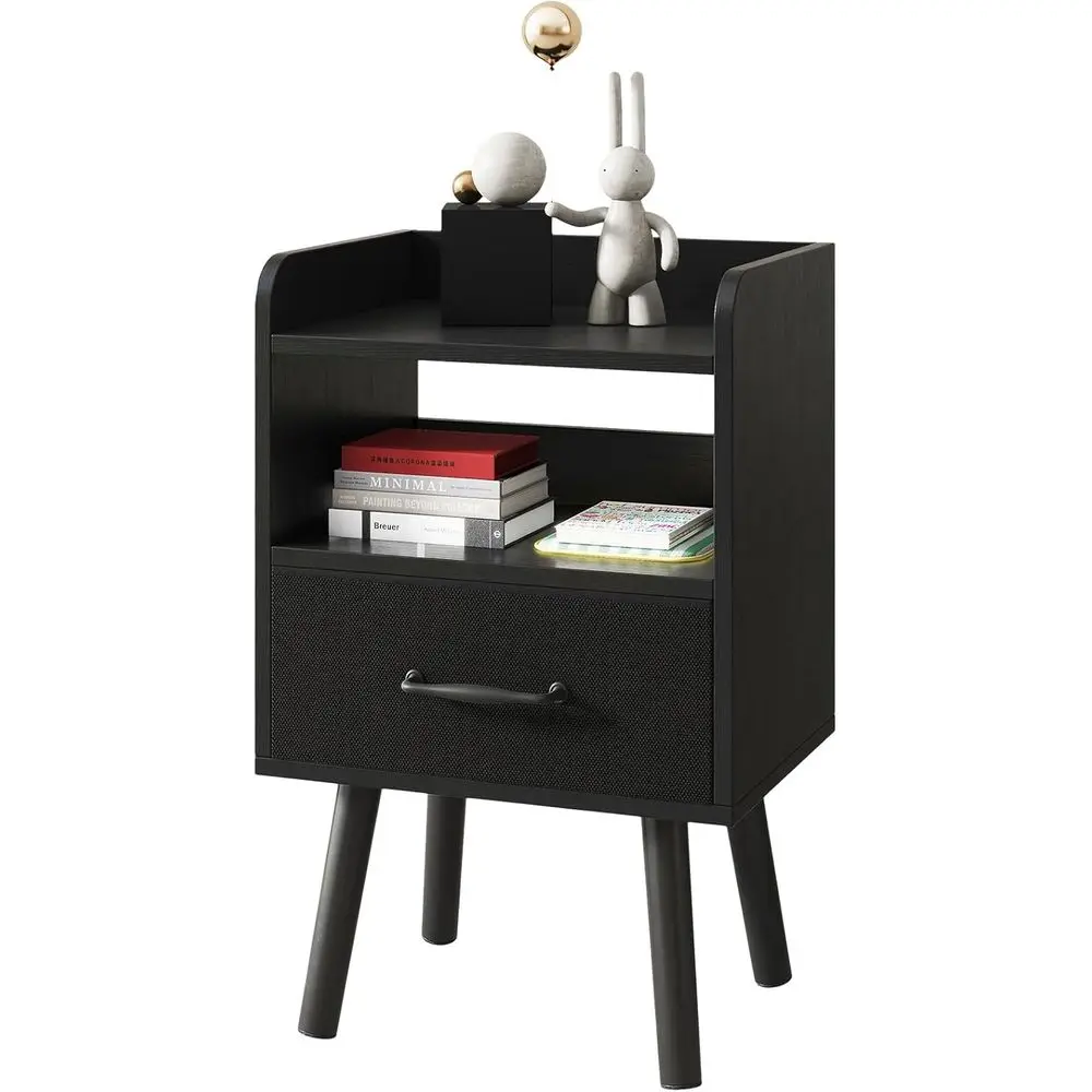 

Wooden Nightstand with Fabric Drawer, Open Shelf, Solid Legs, 15.35 x 11.42 x 24.41 for Bedroom