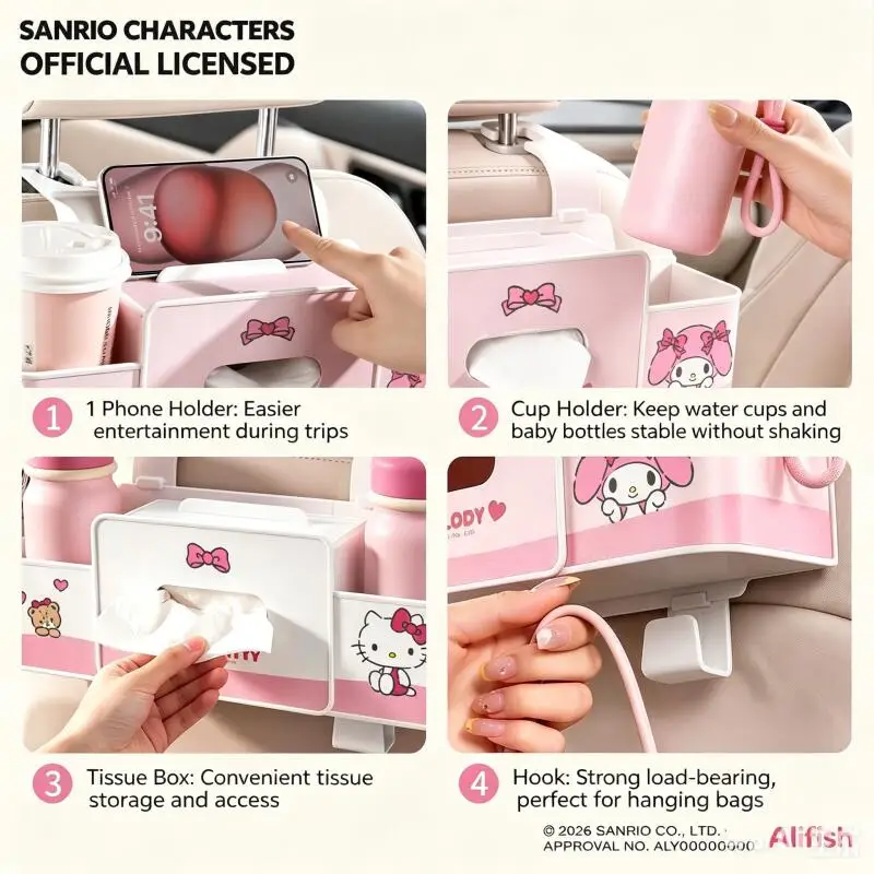 Genuine Sanrio Car Storage Box Hello Kitty Tissue Box Car Seat Back Storage Box Multi-Functional Water Cup Holder Placement Box view 3