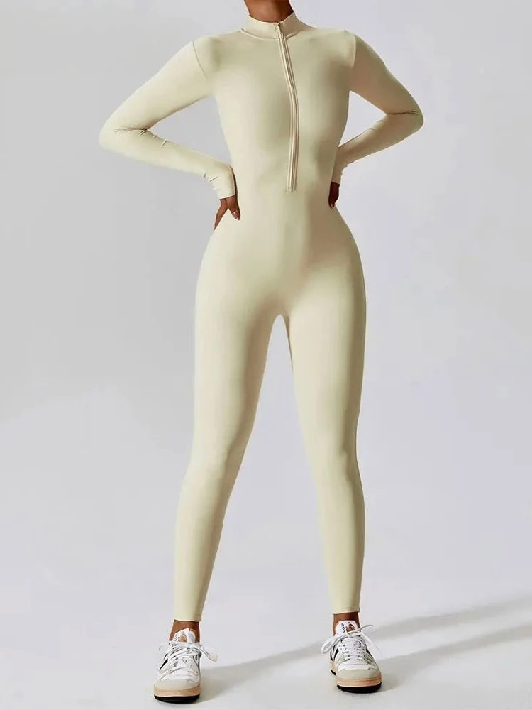 

Tight Fitting Long Sve Zipper Sport Jumpsuit Women's Sle Invisible Zipper l Waist Polyester Fiber Stretchy Spring ...