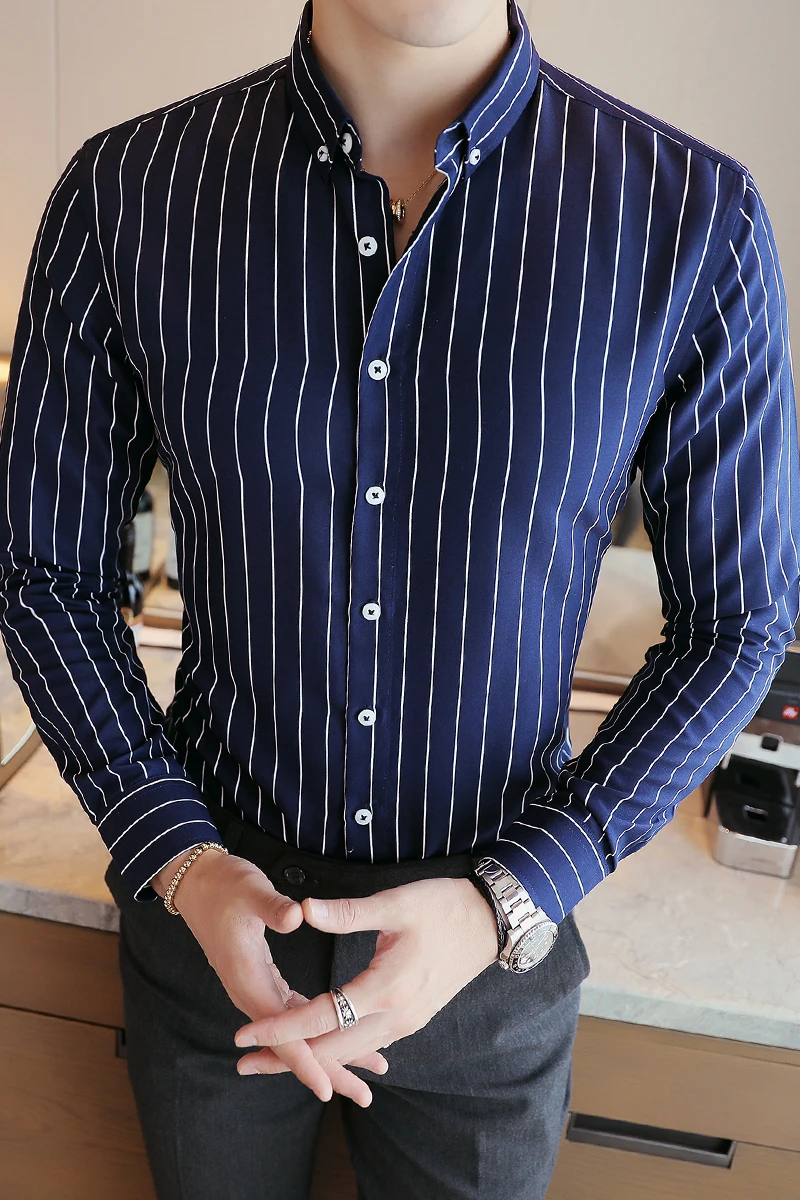 Camisas De Hombre Cheap Business Casual Elegant Striped Shirts For Men Clothing Slim Fit Long Sleeve Formal Mens Dress Shirts