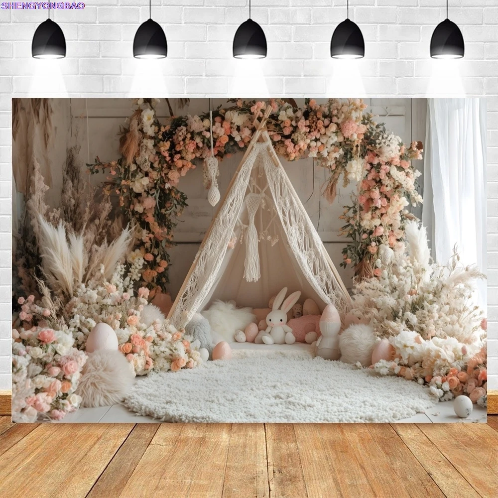 ربيع عيد الفصح التصوير خلفية بوهو زهرة خيمة الأرنب الملونة البيض أرنب الاطفال حفلة عيد ميلاد ديكور خلفية استوديو الصور